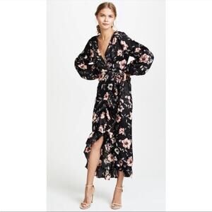 MISA Los Angeles Luna Black Floral Satin Balloon Sleeve Wrap Dress size S small
